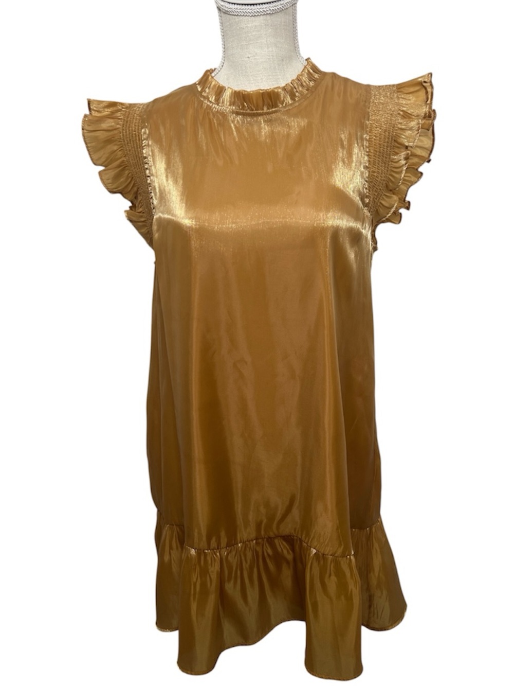 NWOT Jodifl Gold Satin Like Ruffled Sleeve Dress Size Medium